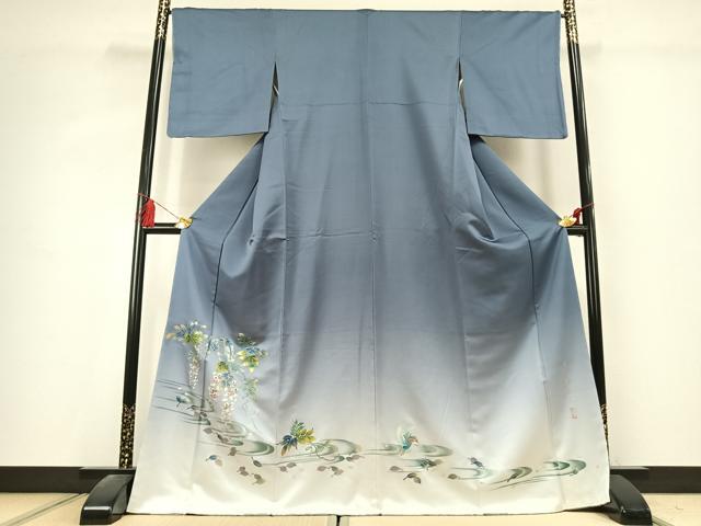 平和屋着物●友禅作家　大槻純　色留訪問着　花鳥文　暈し染め　金銀彩　さが美扱い　正絹　逸品　未使用　AABK7482fy