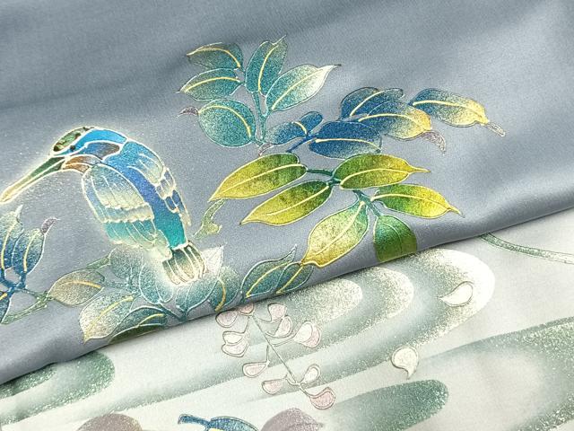 平和屋着物●友禅作家　大槻純　色留訪問着　花鳥文　暈し染め　金銀彩　さが美扱い　正絹　逸品　未使用　AABK7482fy