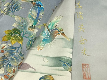 平和屋着物●友禅作家　大槻純　色留訪問着　花鳥文　暈し染め　金銀彩　さが美扱い　正絹　逸品　未使用　AABK7482fy