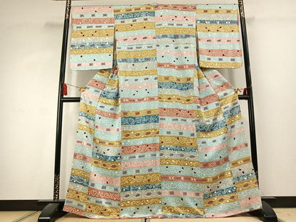 平和屋着物●上質な小紋　絞り　横段文　正絹　逸品　AABK7485fy