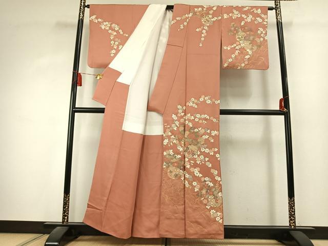 平和屋着物●訪問着　駒刺繍　草花文　金彩　正絹　逸品　AABK7492fy