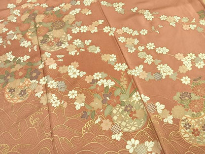 平和屋着物●訪問着　駒刺繍　草花文　金彩　正絹　逸品　AABK7492fy
