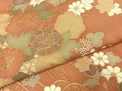 平和屋着物●訪問着　駒刺繍　草花文　金彩　正絹　逸品　AABK7492fy