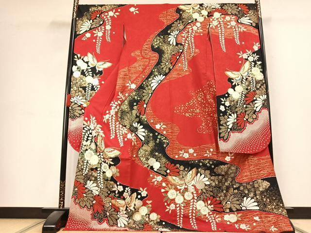 平和屋着物●豪華振袖　絞り　流水花蝶文　金銀彩　正絹　逸品　AABK7503fy