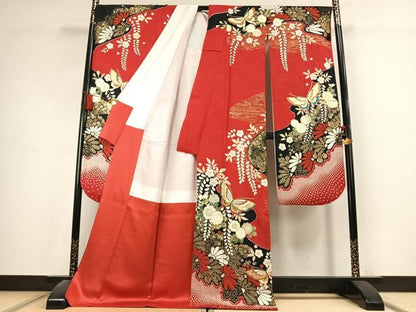平和屋着物●豪華振袖　絞り　流水花蝶文　金銀彩　正絹　逸品　AABK7503fy