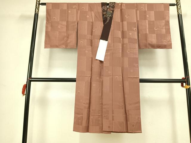 平和屋着物●長襦袢　無双仕立て　丸文　市松地紋　渋紙色　半衿刺繍　正絹　逸品　AABK7510fy