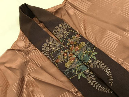 平和屋着物●長襦袢　無双仕立て　丸文　市松地紋　渋紙色　半衿刺繍　正絹　逸品　AABK7510fy