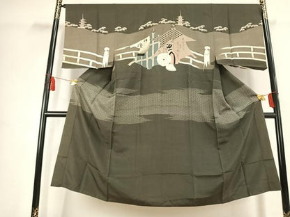 平和屋着物●男性　長襦袢　袷　風景人物文　正絹　逸品　AABK7514fy