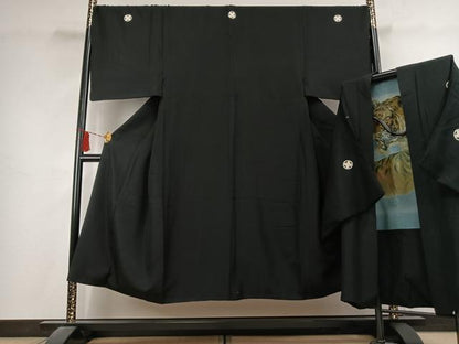 平和屋着物●男性　黒紋付　羽織セット　正絹　逸品　AABK7532fy