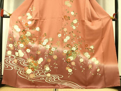平和屋着物●訪問着　駒刺繍　草花文　暈し染め　金彩　正絹　逸品　AABK7543fy