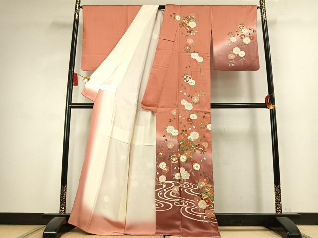 平和屋着物●訪問着　駒刺繍　草花文　暈し染め　金彩　正絹　逸品　AABK7543fy