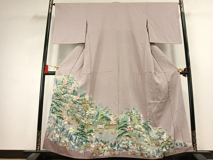 平和屋着物●豪華色留袖　友禅　作家物　風景花文　正絹　逸品　AABK7552fy