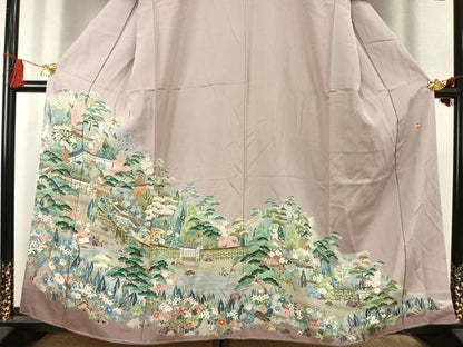 平和屋着物●豪華色留袖　友禅　作家物　風景花文　正絹　逸品　AABK7552fy