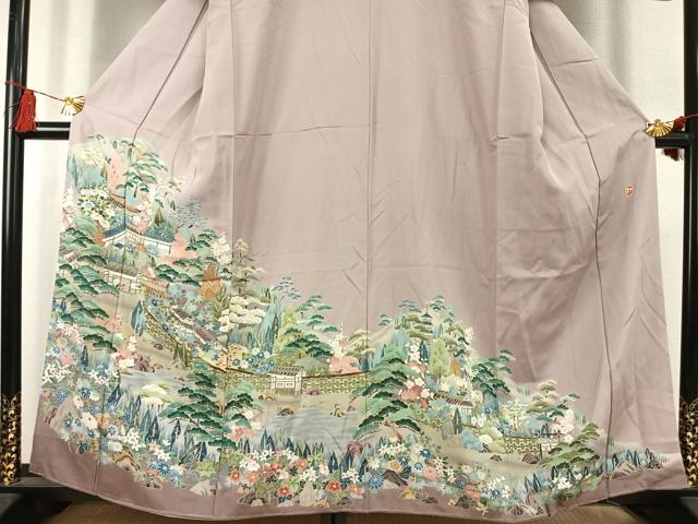 平和屋着物●豪華色留袖　友禅　作家物　風景花文　正絹　逸品　AABK7552fy
