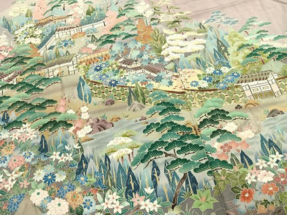 平和屋着物●豪華色留袖　友禅　作家物　風景花文　正絹　逸品　AABK7552fy