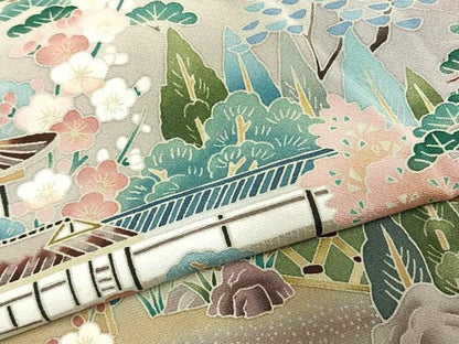 平和屋着物●豪華色留袖　友禅　作家物　風景花文　正絹　逸品　AABK7552fy