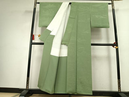 平和屋着物●上質な色無地　風景地紋　柳染色　正絹　逸品　AABK7553fy