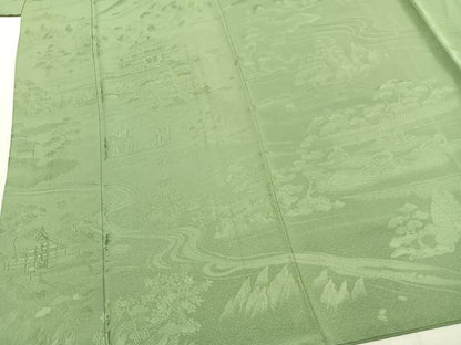 平和屋着物●上質な色無地　風景地紋　柳染色　正絹　逸品　AABK7553fy