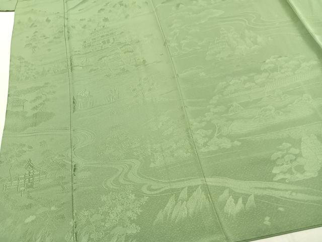 平和屋着物●上質な色無地　風景地紋　柳染色　正絹　逸品　AABK7553fy