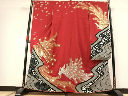 平和屋着物●豪華振袖　絞り　駒刺繍　孔雀花文　金銀彩　正絹　逸品　AABK7572fy