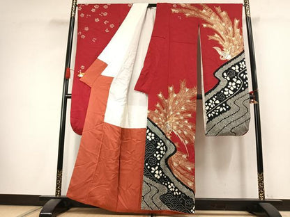 平和屋着物●豪華振袖　絞り　駒刺繍　孔雀花文　金銀彩　正絹　逸品　AABK7572fy