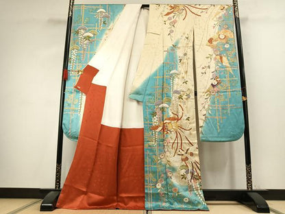 平和屋着物●豪華振袖　駒刺繍　花鳥文　暈し染め　金彩　三越扱い　正絹　逸品　AABK7576fy