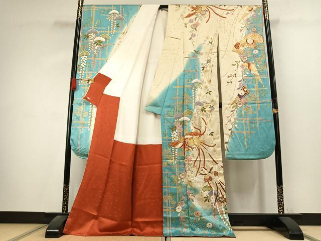 平和屋着物●豪華振袖　駒刺繍　花鳥文　暈し染め　金彩　三越扱い　正絹　逸品　AABK7576fy