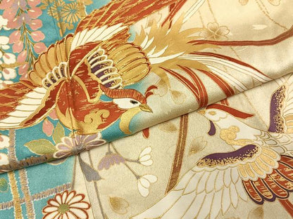 平和屋着物●豪華振袖　駒刺繍　花鳥文　暈し染め　金彩　三越扱い　正絹　逸品　AABK7576fy