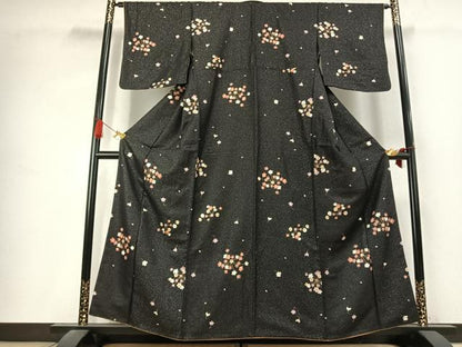 平和屋着物●上質な小紋　舞桜文　黒地　金彩　銀通し地　胴抜き仕立て　正絹　逸品　AABK7578fy