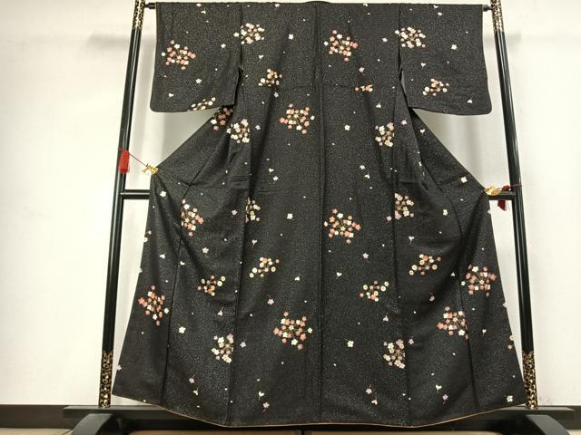 平和屋着物●上質な小紋　舞桜文　黒地　金彩　銀通し地　胴抜き仕立て　正絹　逸品　AABK7578fy
