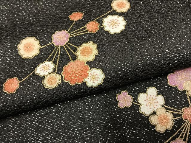 平和屋着物●上質な小紋　舞桜文　黒地　金彩　銀通し地　胴抜き仕立て　正絹　逸品　AABK7578fy
