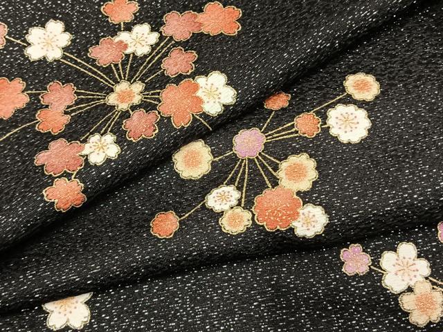 平和屋着物●上質な小紋　舞桜文　黒地　金彩　銀通し地　胴抜き仕立て　正絹　逸品　AABK7578fy