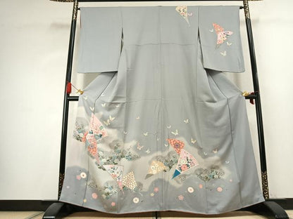 平和屋着物●訪問着　友禅　扇面花蝶文　暈し染め　正絹　逸品　AABK7580fy