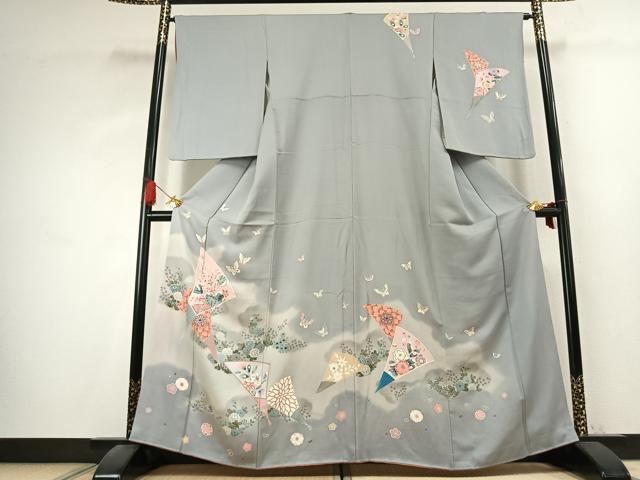 平和屋着物●訪問着　友禅　扇面花蝶文　暈し染め　正絹　逸品　AABK7580fy