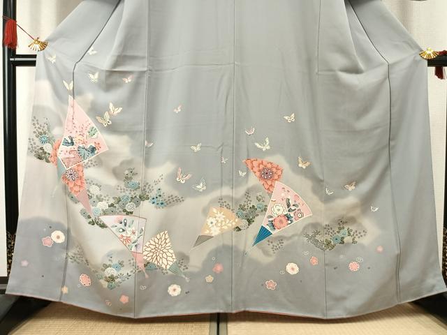 平和屋着物●訪問着　友禅　扇面花蝶文　暈し染め　正絹　逸品　AABK7580fy