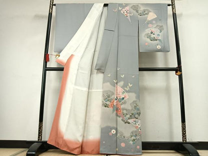 平和屋着物●訪問着　友禅　扇面花蝶文　暈し染め　正絹　逸品　AABK7580fy