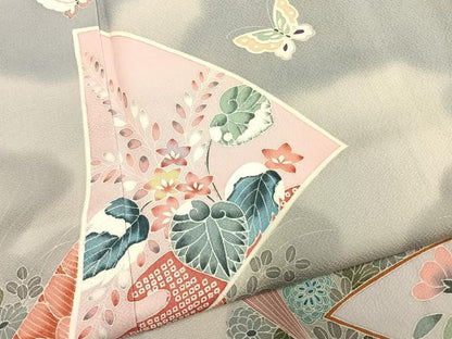 平和屋着物●訪問着　友禅　扇面花蝶文　暈し染め　正絹　逸品　AABK7580fy