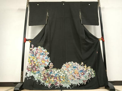 平和屋着物●豪華黒留袖　友禅　作家物　花鳥文　正絹　逸品　AABK7604fy