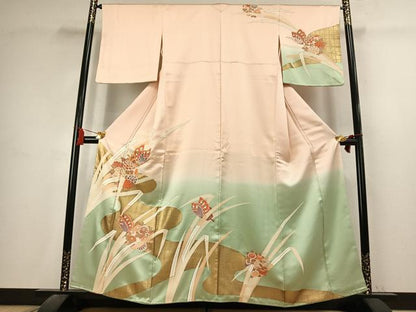 平和屋着物●訪問着　駒刺繍　花蝶文　暈し染め　金糸　金彩　正絹　逸品　AABK7612fy