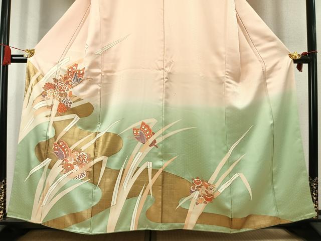 平和屋着物●訪問着　駒刺繍　花蝶文　暈し染め　金糸　金彩　正絹　逸品　AABK7612fy