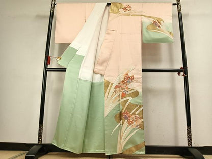 平和屋着物●訪問着　駒刺繍　花蝶文　暈し染め　金糸　金彩　正絹　逸品　AABK7612fy
