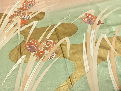 平和屋着物●訪問着　駒刺繍　花蝶文　暈し染め　金糸　金彩　正絹　逸品　AABK7612fy