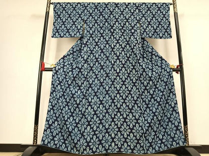 平和屋着物●上質な小紋　総絞り　藍染め　花尽くし　正絹　逸品　未使用　AABK7615fy