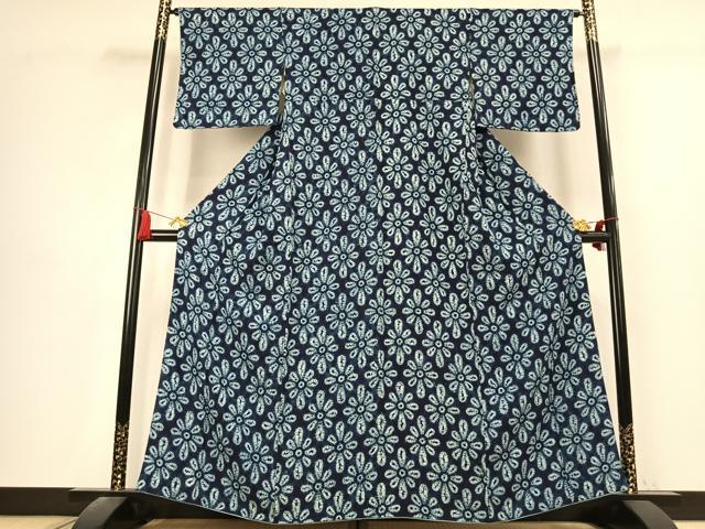 平和屋着物●上質な小紋　総絞り　藍染め　花尽くし　正絹　逸品　未使用　AABK7615fy