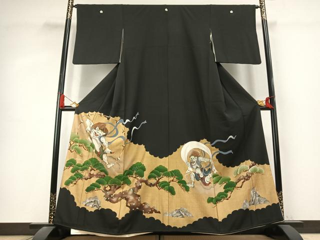 平和屋着物●豪華黒留袖 駒刺繍 風神雷神 金彩 正絹 逸品 AABK7635fy