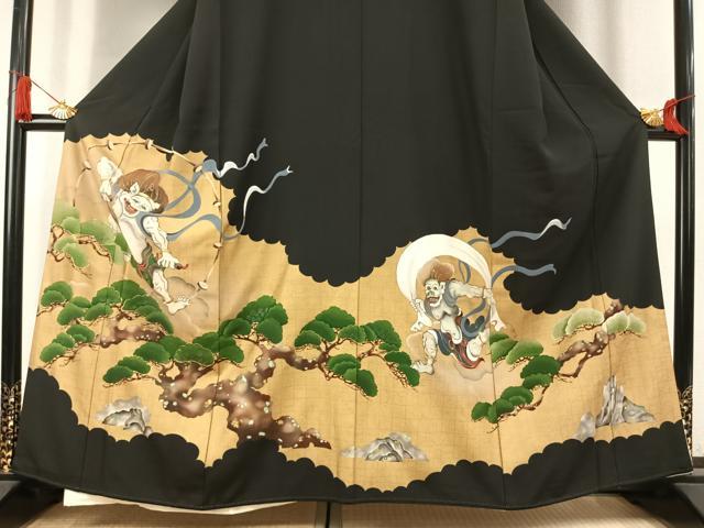 平和屋着物●豪華黒留袖 駒刺繍 風神雷神 金彩 正絹 逸品 AABK7635fy