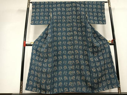 平和屋着物●上質な小紋　型染め　葉尽くし　鬼しぼ縮緬　正絹　逸品　AABK7638fy