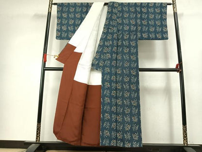 平和屋着物●上質な小紋　型染め　葉尽くし　鬼しぼ縮緬　正絹　逸品　AABK7638fy