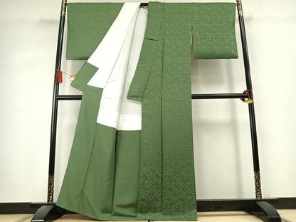 平和屋着物●上質な色無地　飛鳥地紋　老竹色　正絹　逸品　AABK7647fy