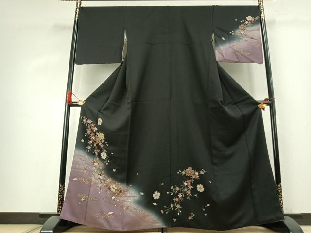 平和屋着物●訪問着　舞桜文　暈し染め　黒地　金銀彩　正絹　逸品　AABK7652fy